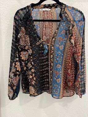 Zara Mixed-Pattern Sheer Button-Up Blouse in Black, Blue, Burgundy